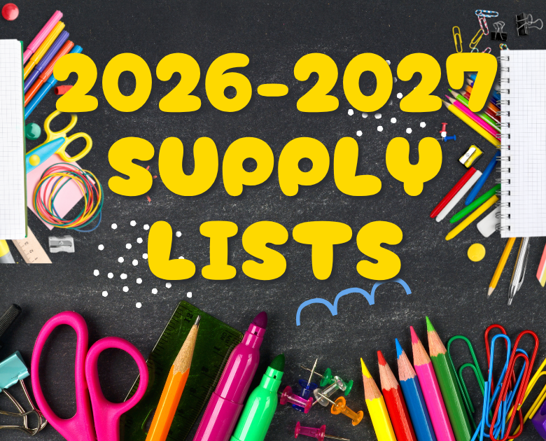 A blackboard displays the text "2026-2027 Supply Lists". Various school supplies, including scissors, pencils, and paperclips, are scattered around.