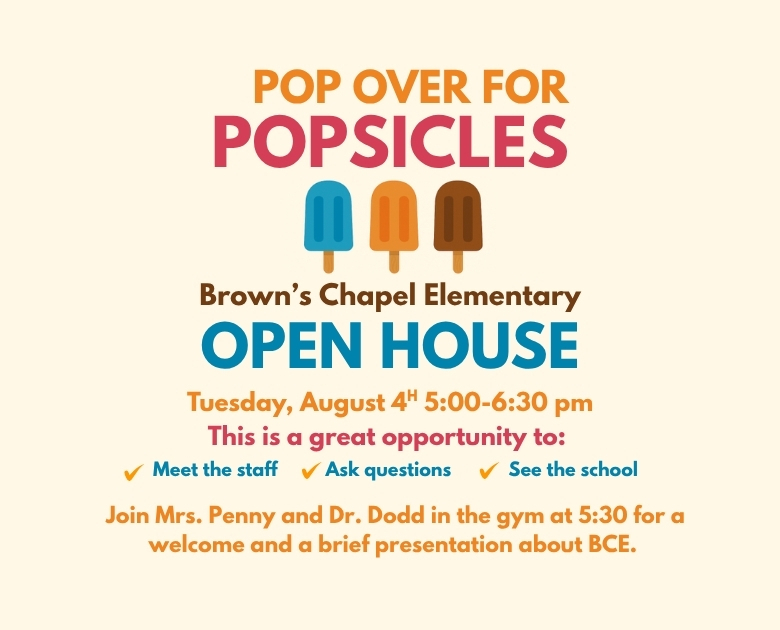 An open house event poster with popsicles and text about meeting staff, asking questions, and a presentation.