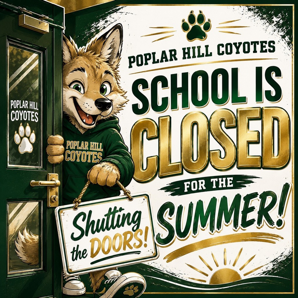 Poplar Hill Coyotes mascot holding a “Shutting the Doors!” sign next to the message, “School Is Closed for the Summer!” in green and gold school colors.