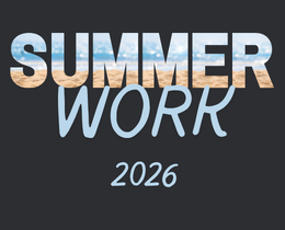 Text reads "SUMMER WORK 2026" with a blurred beach and sky background on a dark surface.