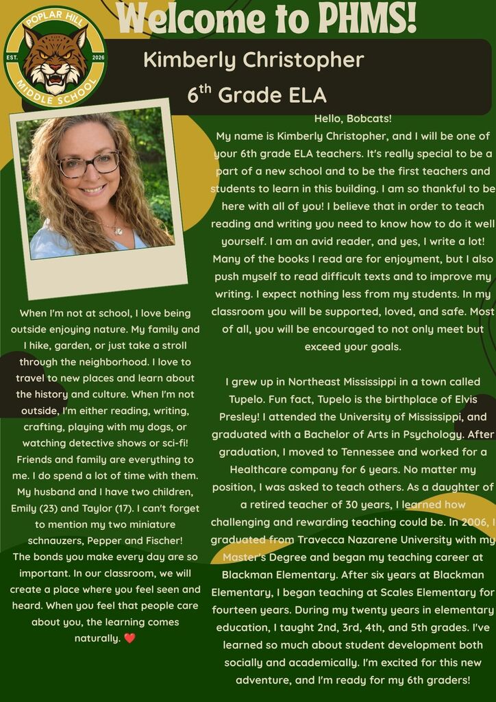 An informational card with a photo of a woman, Kimberly Christopher, who teaches 6th grade ELA. The card has text about her background and teaching philosophy.