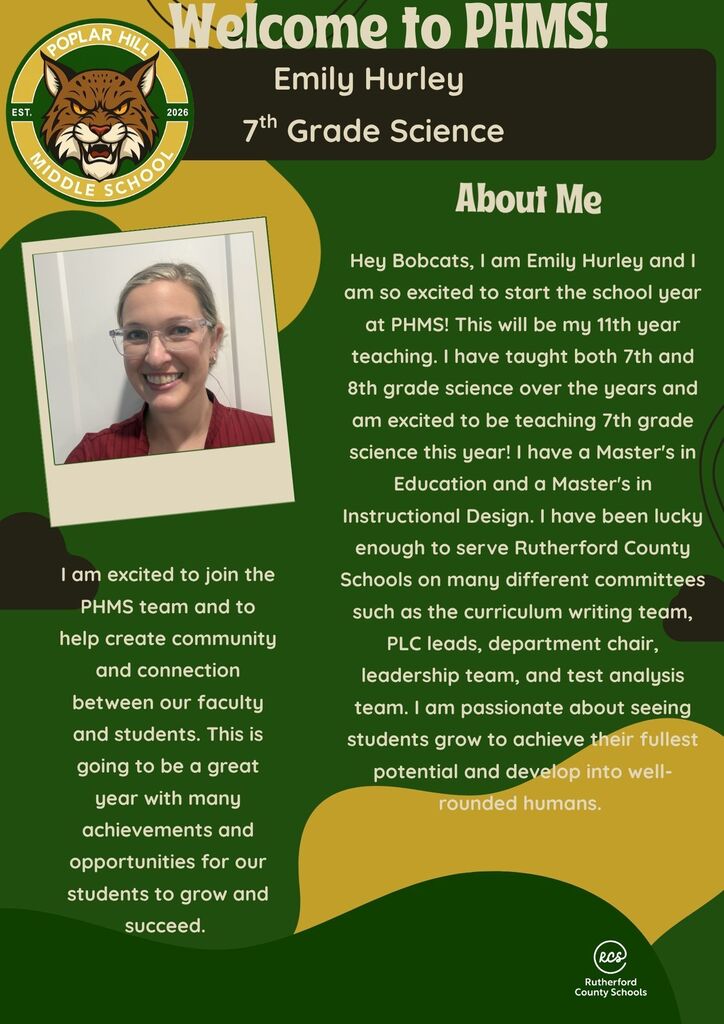 A poster features a woman's photo and text. It reads "Welcome to PHMS!" and introduces Emily Hurley, 7th Grade Science Teacher.