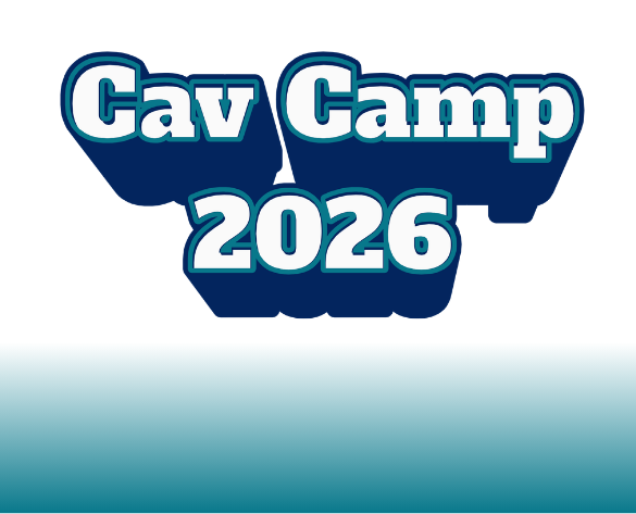 Logo with "Cav Camp 2026" in blue and white font against a white and blue gradient background.