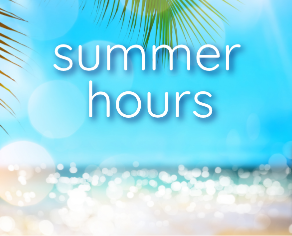 "Summer hours" text overlays a tropical scene with palm leaves, blue sky, and water. Waves and sunlight create a shimmering effect.