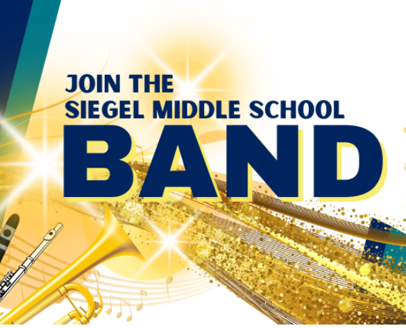 Advertisement for Siegel Middle School Band featuring musical instruments and text. Background contains yellow and green colors.