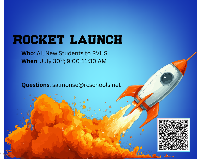 An illustrated rocket launching with orange smoke against a blue background. Text reads "ROCKET LAUNCH" and event details.