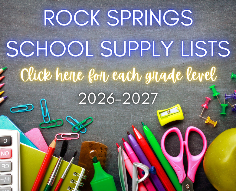Chalkboard with "ROCK SPRINGS SCHOOL SUPPLY LISTS" and "Click here for each grade level" in white text. Various school supplies around it.