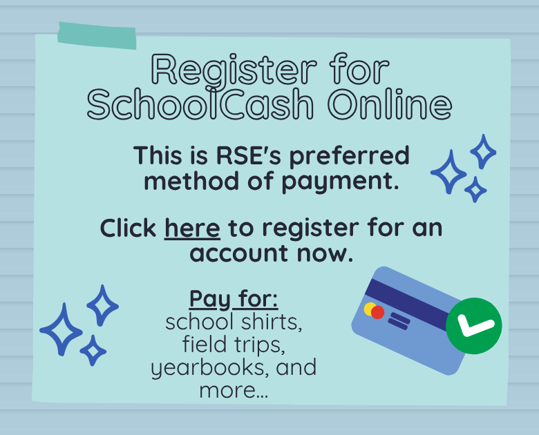Text on a blue background reads "Register for SchoolCash Online" and "Click here to register for an account now". Items to pay for are listed below.