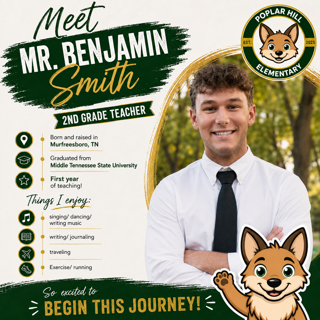 A smiling man with folded arms. Below, a list of information: name, title, hobbies. A fox mascot is on the right.
