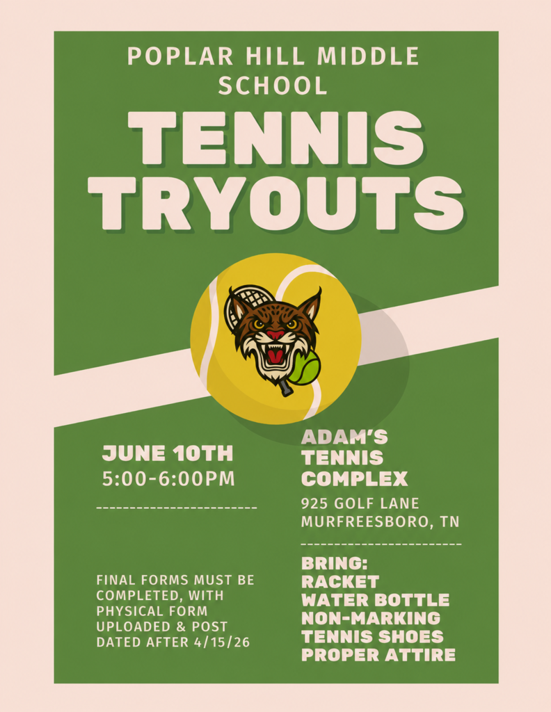 Tennis tryouts announcement for Poplar Hill Middle School. Details include date, time, and location. Required items and instructions are listed.