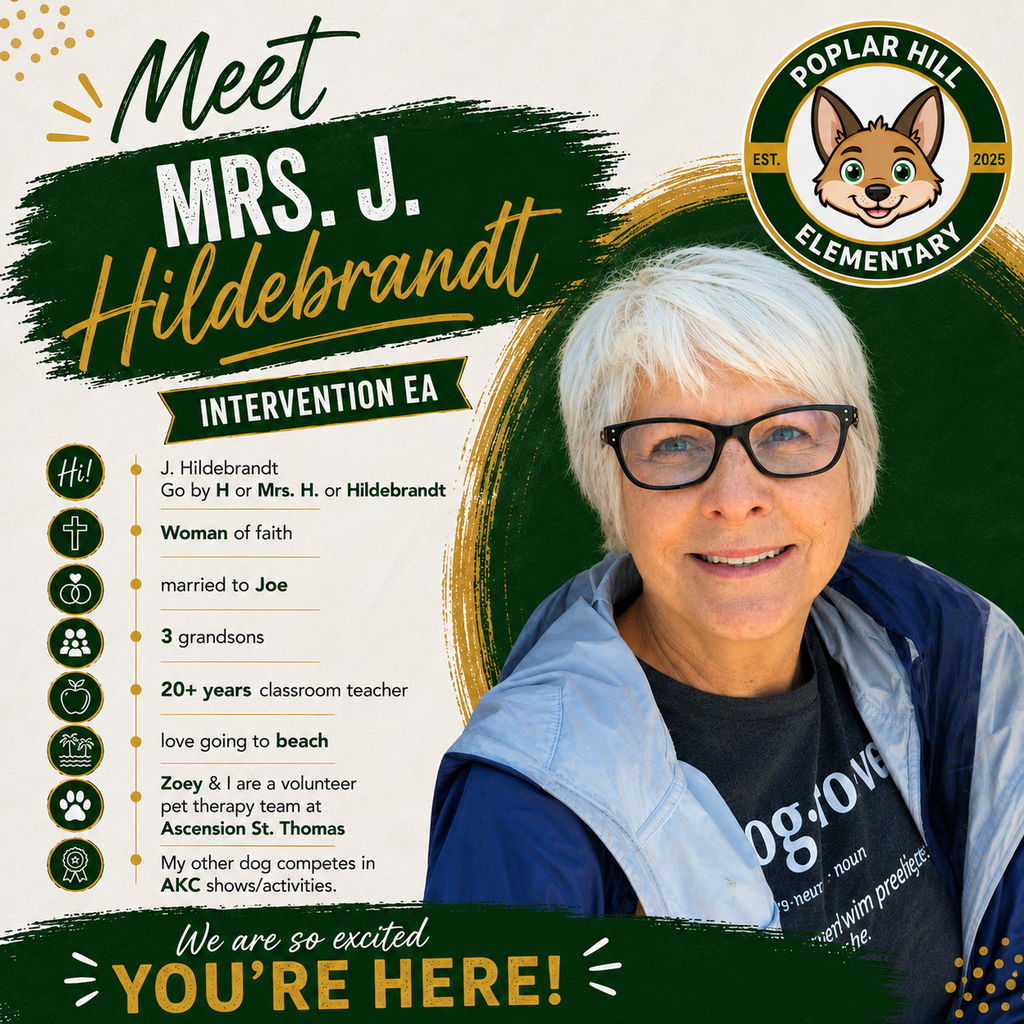 A green background features text reading "Meet Mrs. J. Hildebrandt, Intervention EA". The person has white hair and wears glasses and a jacket.