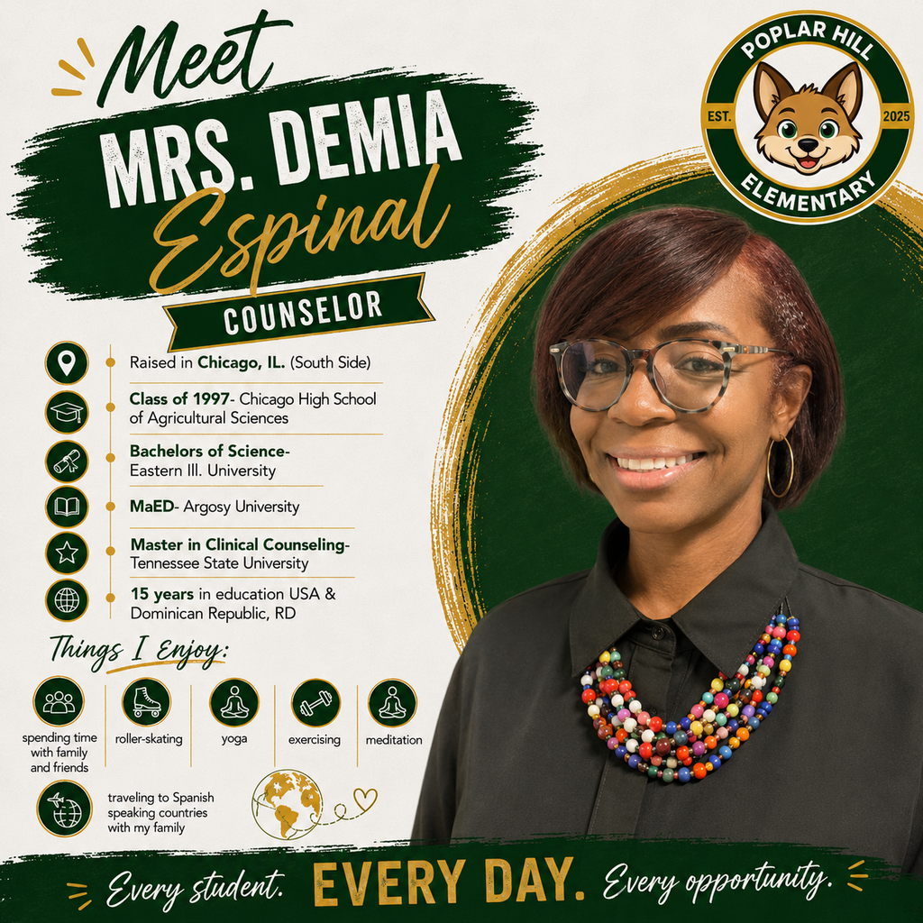 A smiling woman with short hair and glasses. Text reads "Meet Mrs. Denia Espinal Counselor." Background includes a school logo and a list of her educational background and hobbies.