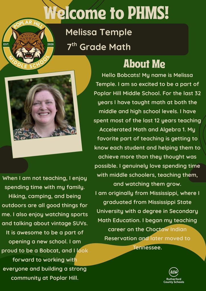 A poster with a green background introduces Melissa Temple, a 7th-grade math teacher. An image of Melissa smiling is shown.