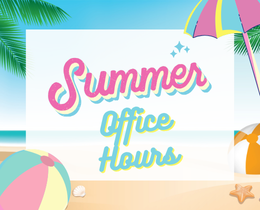 A colorful text reads "Summer Office Hours" on a beach with a ball, beach ball, umbrella, and palm tree.
