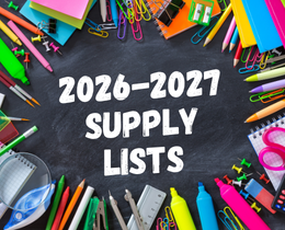 School supplies such as pencils, scissors, and rulers surround a chalkboard with text reading "2026-2027 SUPPLY LISTS".