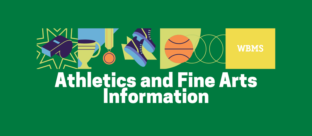 Green background with the text "Athletics and Fine Arts Information" and icons of a trophy, shoe, basketball, graduation cap, and a medal.