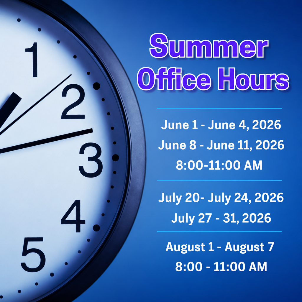 Clock face with the Summer Office Hours for the school