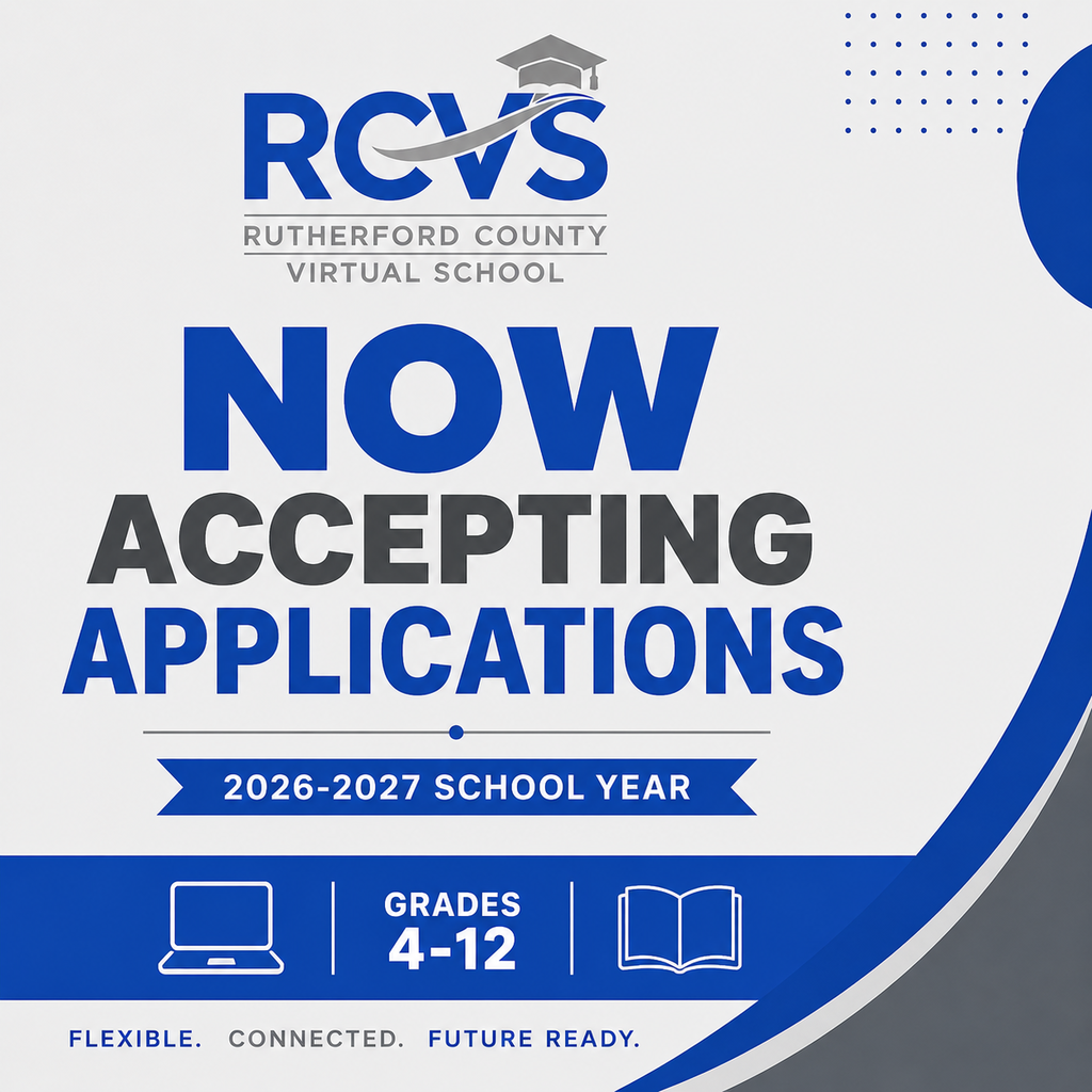 White and blue banner with text "RCVS" and "Now Accepting Applications" for Rutherford County Virtual School.