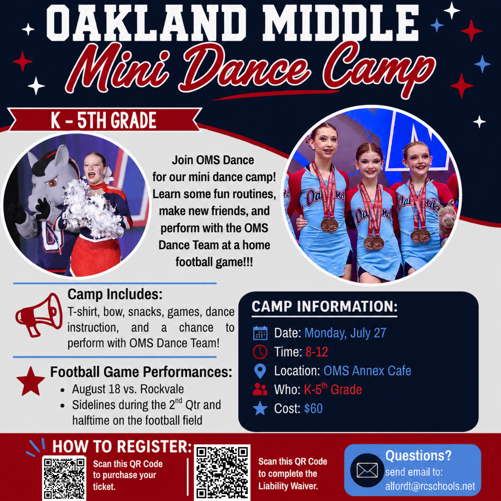 An advertisement for the Oakland Middle School Mini Dance Camp. It includes details about the date, time, location, and cost.