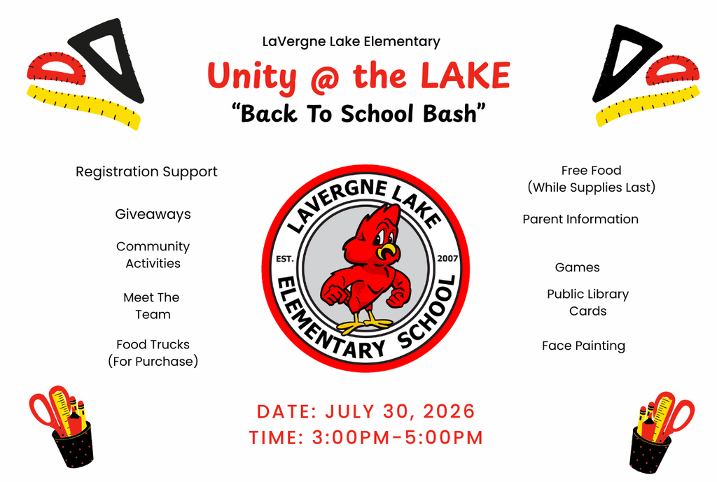 Back to school flyer for Unity @ the Lake "Back to School Bash" featuring registration support, giveaways, community activities, meet the team, food trucks for purchase, free food while supplies last, parent info, games, public library cards, and face paining. Date: July 30. Time: 3:00-5:00 pm.
