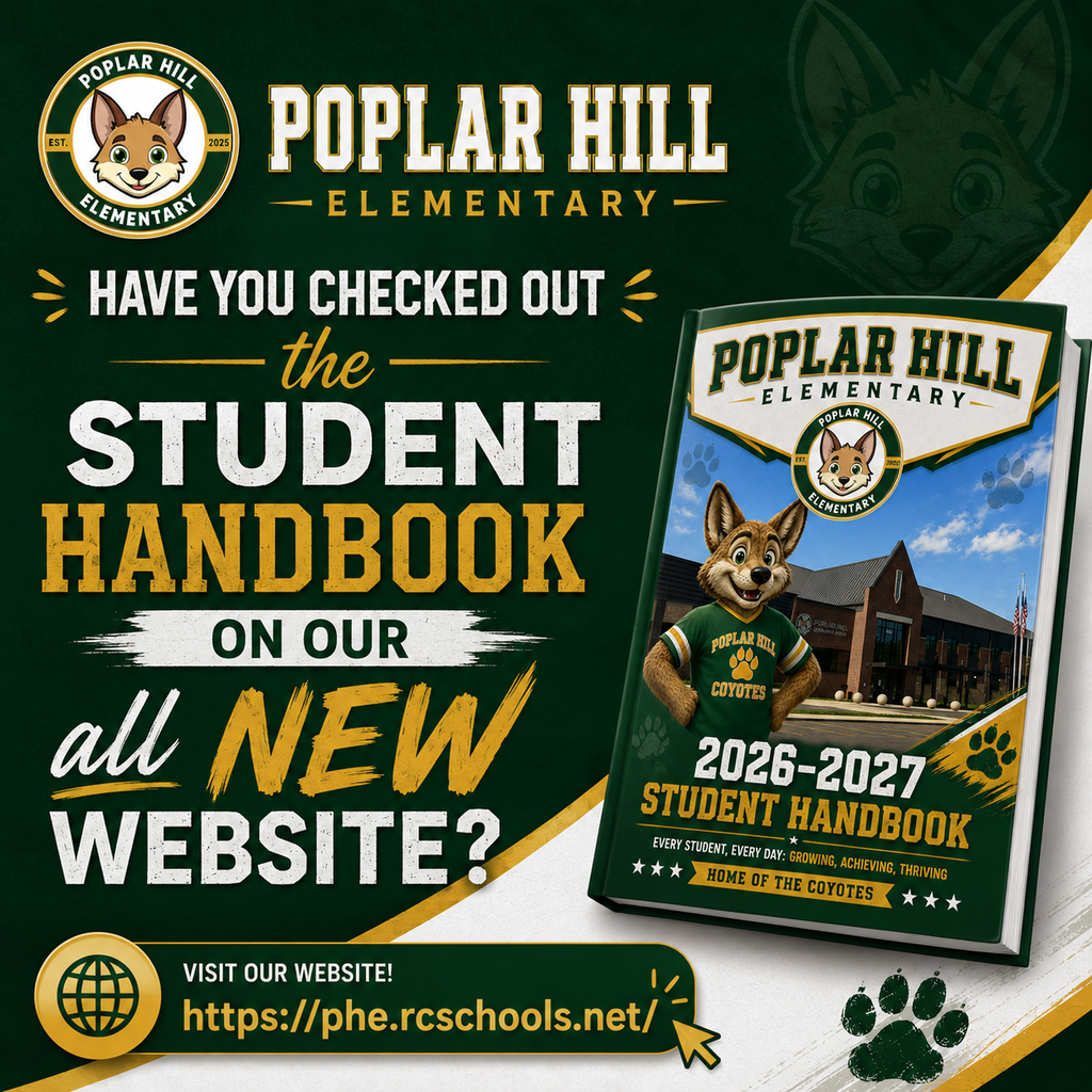 A poster for Poplar Hill Elementary promotes its new website. It features a mascot, a building, and a paw print.