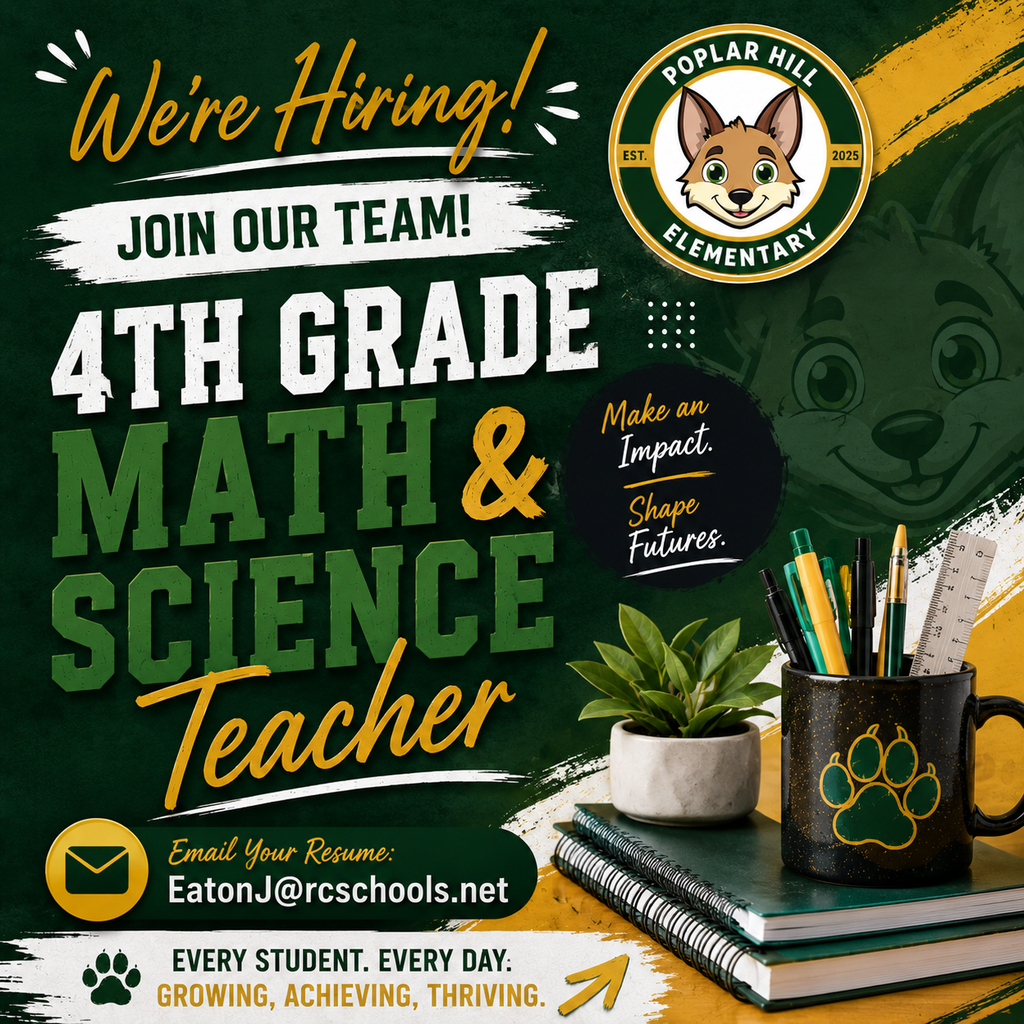 A poster announces hiring for a 4th grade math and science teacher. Features include a wolf mascot, potted plant, books, and a mug.
