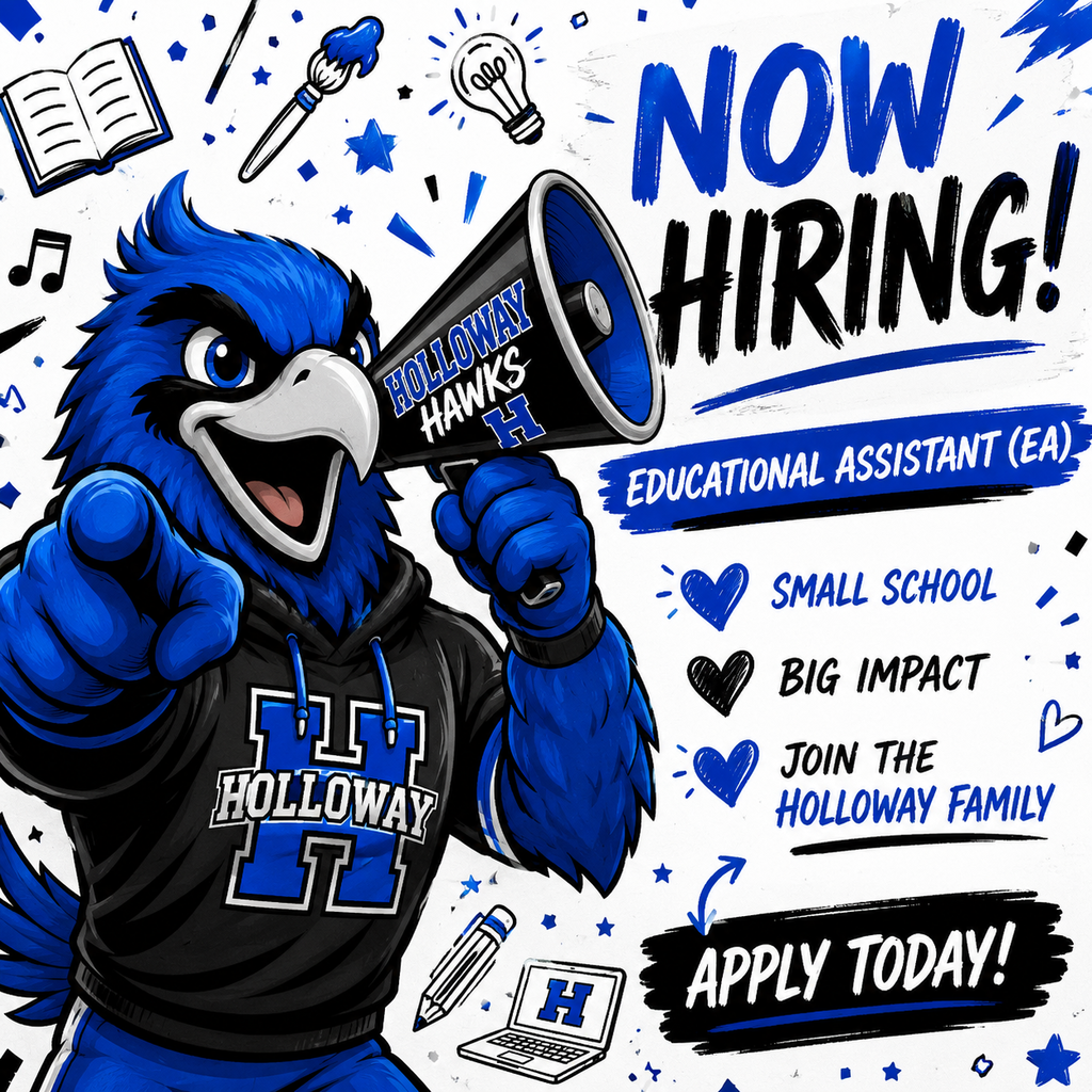 Blue bird mascot holds a megaphone with text "Now Hiring!" and "Educational Assistant (EA)". Icons around include book, light bulb, and more.