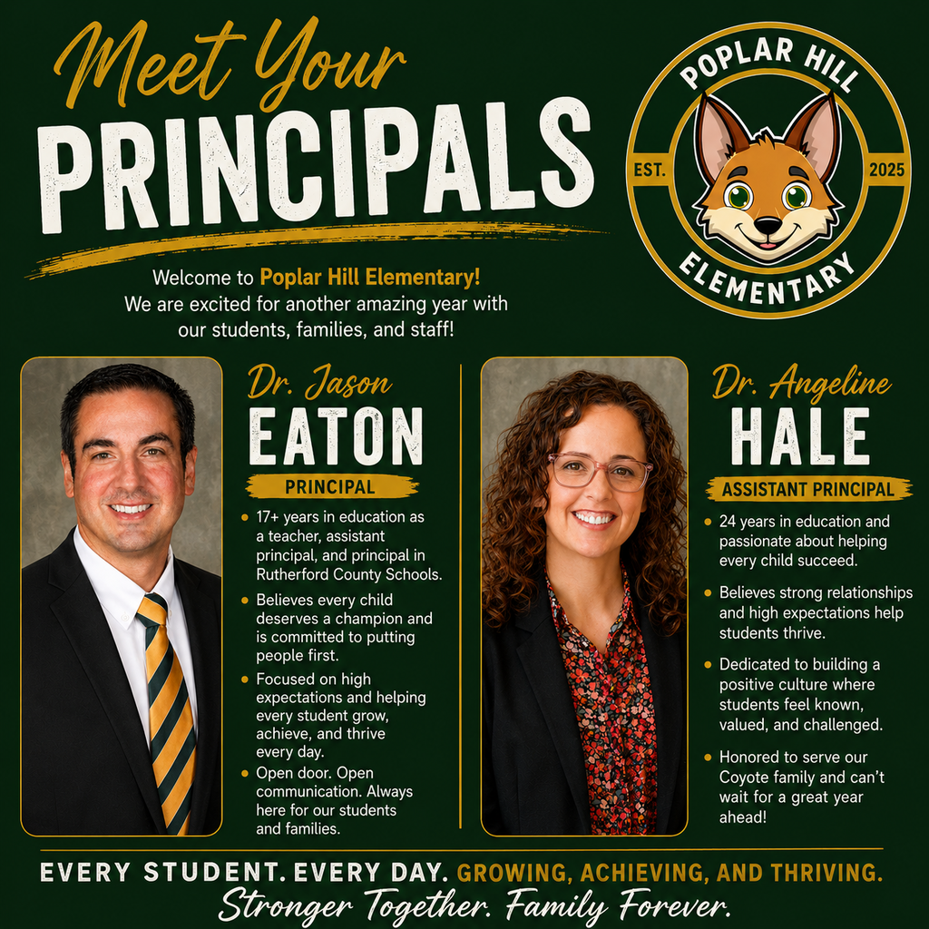A poster features two individuals with titles "Principal" and "Assistant Principal". Background is green.