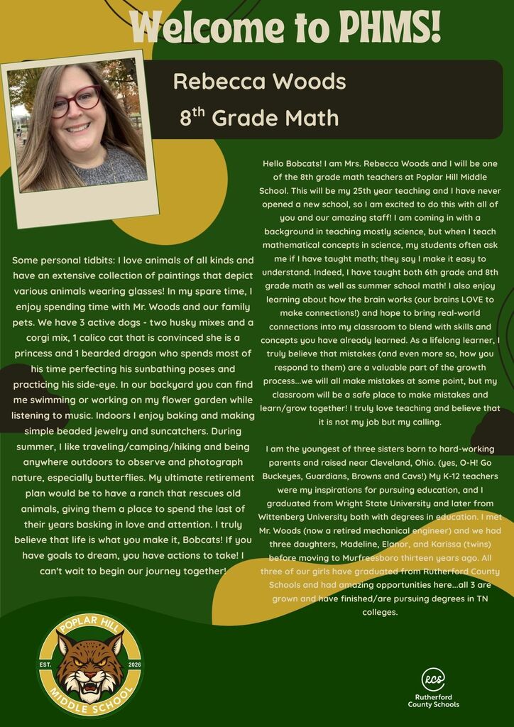 A flyer welcomes students to PHMS with a photo of Rebecca Woods, 8th Grade Math teacher, and her bio.