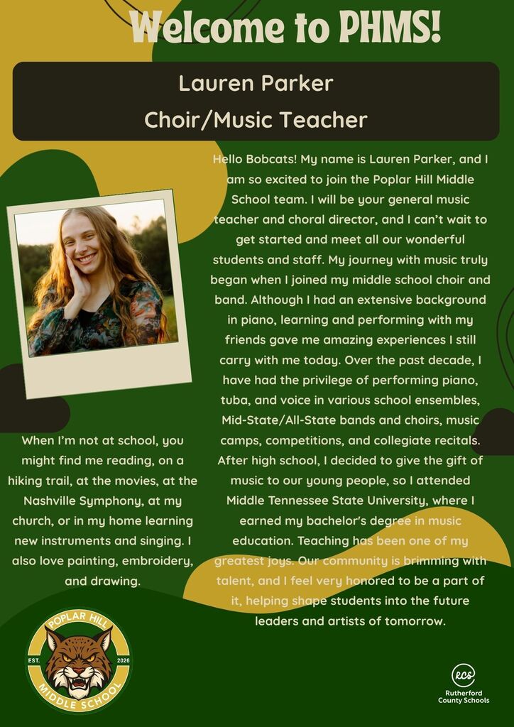 An infographic with a smiling woman, Lauren Parker, introduces her as a choir/music teacher. Green background.