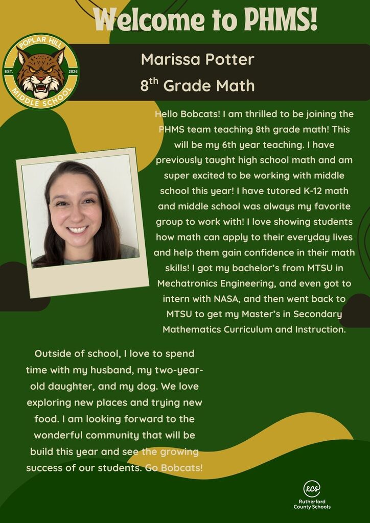 A poster with a green and yellow background introduces Marissa Potter, an 8th grade math teacher. A photo shows her smiling. Text highlights her excitement for the school year.