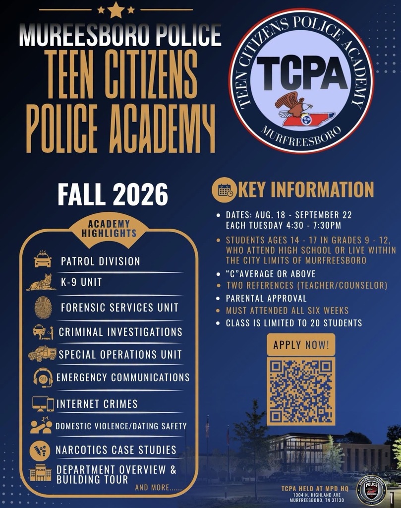Poster for Mooresboro Police Teen Citizens Police Academy. Fall 2026, Aug 18 - Sept 22. Students ages 14-17, grades 9-12. Classes 4:30-7:30pm.