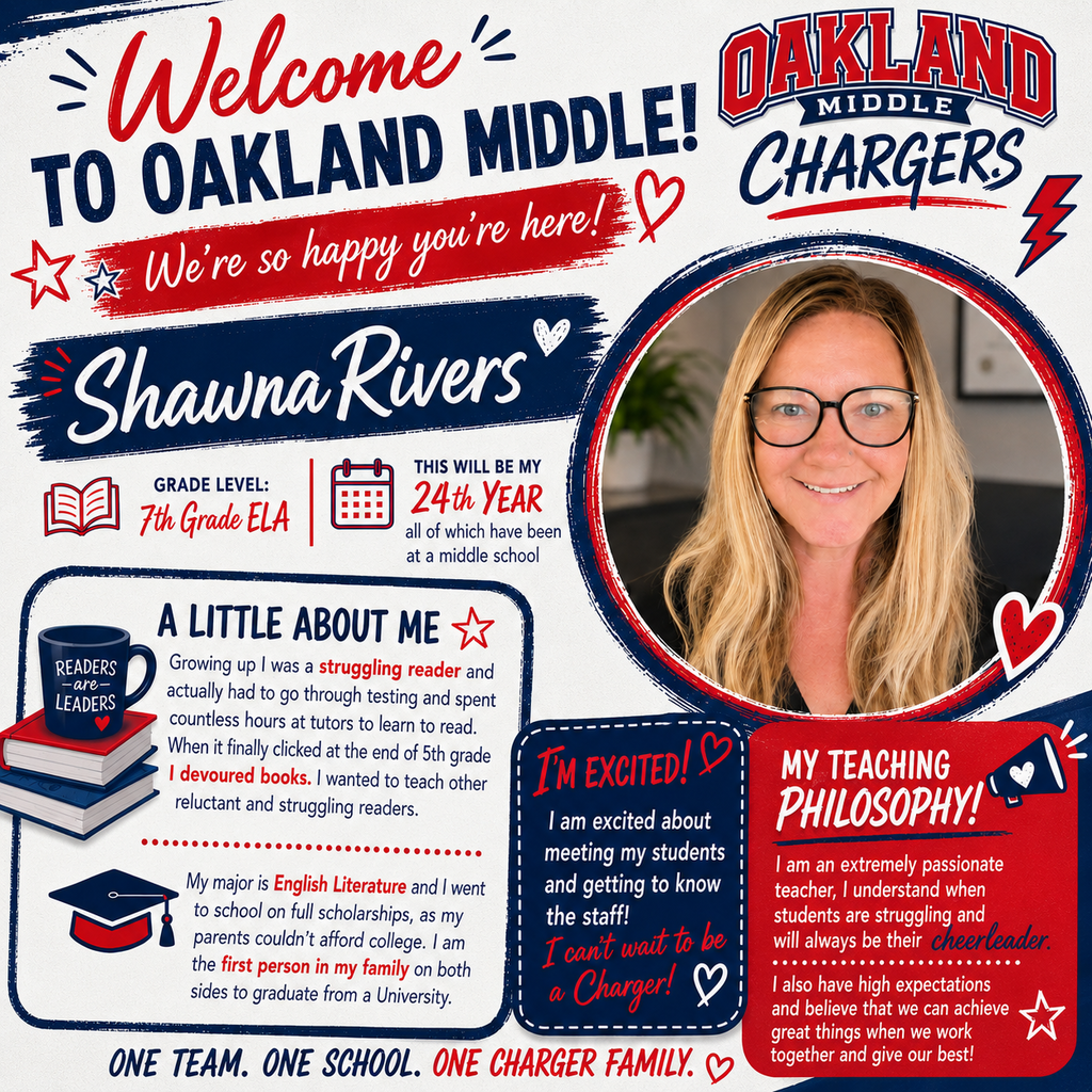 A flyer welcomes Shawna Rivers to Oakland Middle Chargers. A photo of Shawna with glasses is displayed.
