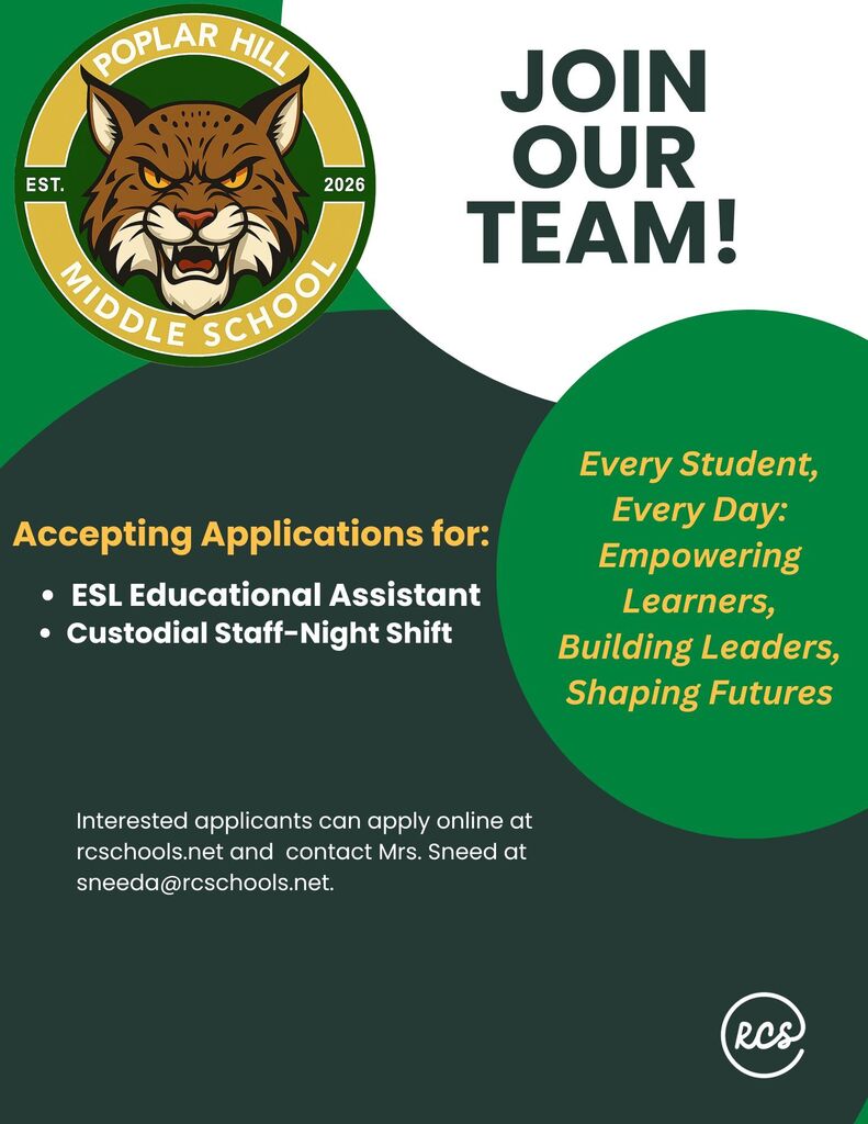 Job posting for Poplar Hill Middle School. The logo shows a cat. Applications are open for ESL Educational Assistant and Custodial Staff-Night Shift.
