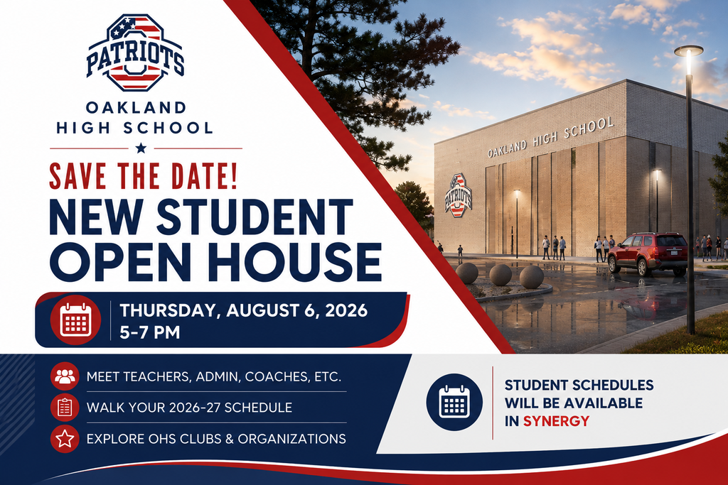 A flyer announces a "New Student Open House" at Oakland High School. It includes a building, a car, and a street lamp.
