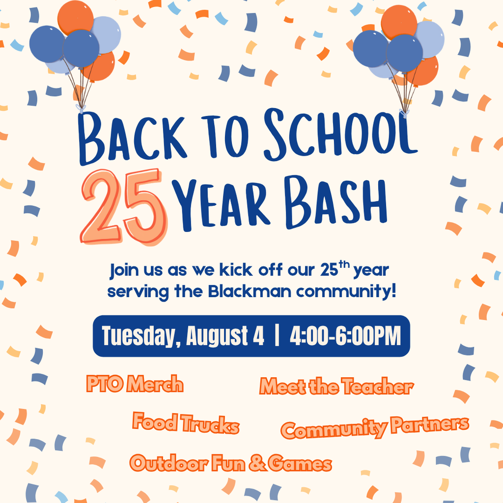 Event poster with colorful confetti and balloons. It says "Back to School 25 Year Bash" and includes details of the event.