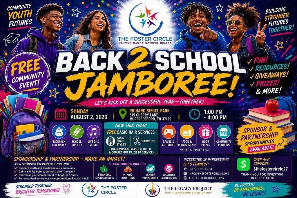 Flyer for "Back 2 School Jamboree" shows diverse people, icons, and details about event date and location.