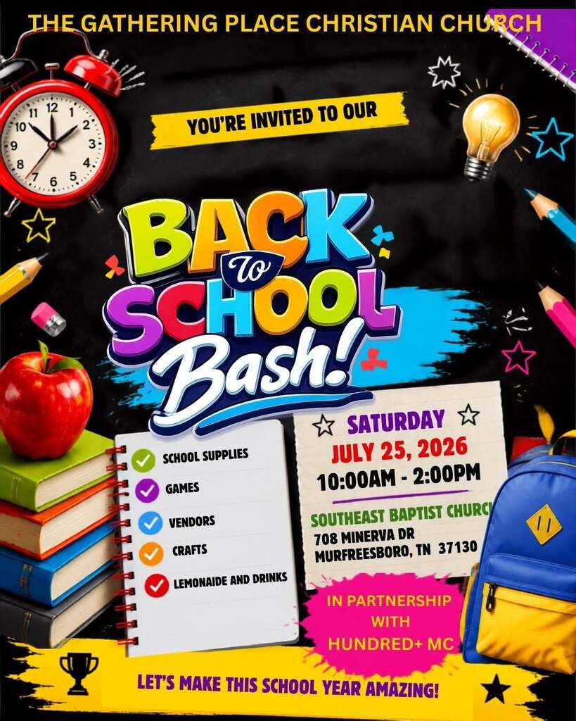 Poster featuring text, clock, books, apple, pencils, and other school items for a Back to School Bash.