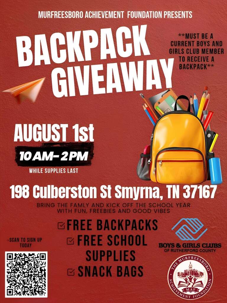 An event flyer with a yellow backpack, pencils, and books. Text reads: "Backpack Giveaway" on August 1st.
