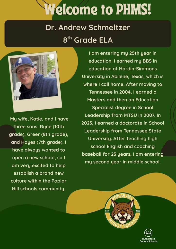 An advertisement featuring Dr. Andrew Schmeltzer, 8th Grade ELA teacher. It includes a photo of him, his bio, and his family details.