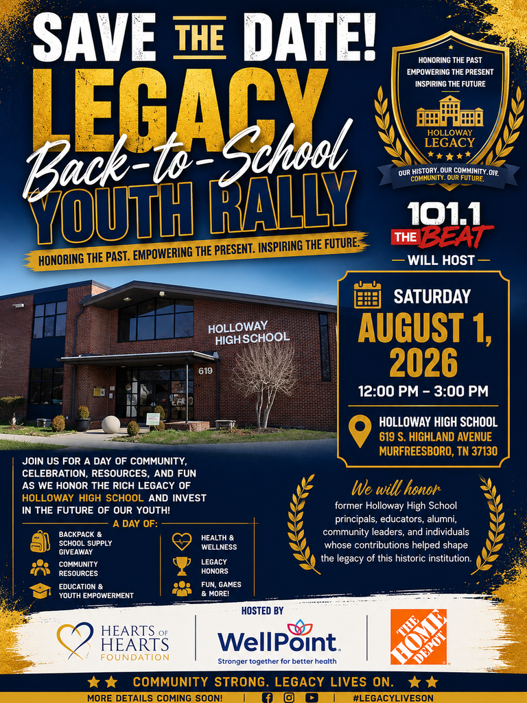 A flyer for the Legacy Back-to-School Youth Rally, featuring a building with a tree in the foreground and a yellow-orange background.