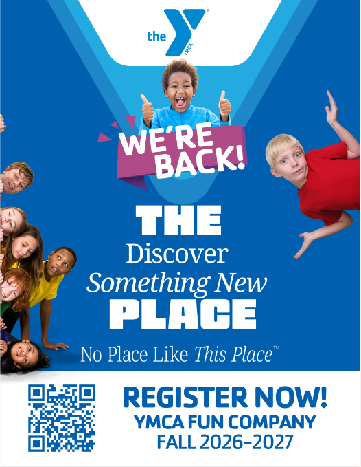 Poster with "WE'RE BACK!" text, children jumping and giving thumbs up, and QR code. "Discover Something New Place" with registration details.