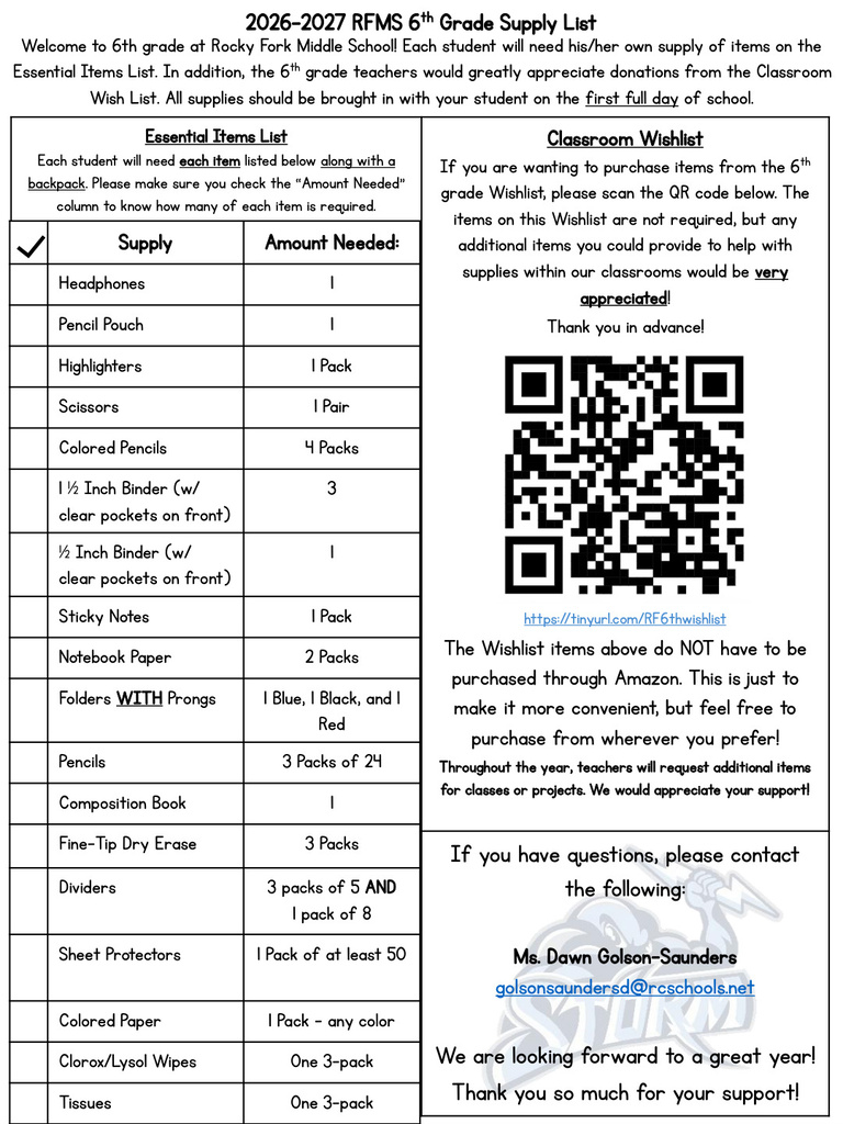 A document displays a checklist of school supplies for 6th-grade students, with required items checked. A QR code is provided for further information.