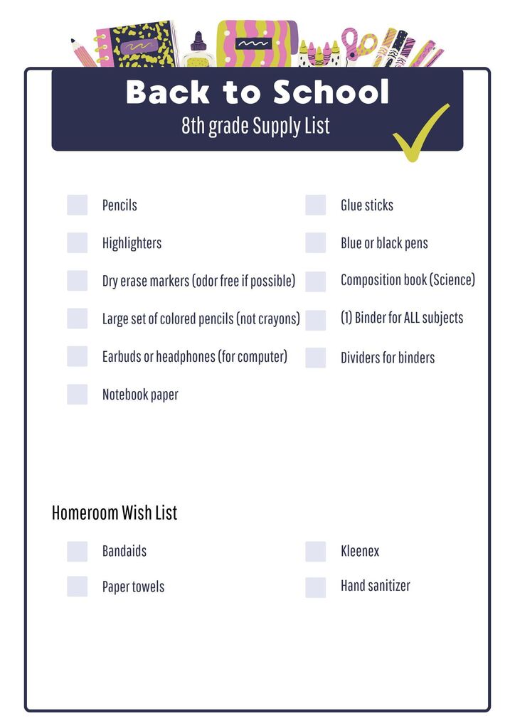 A list displays school supplies for 8th graders, including pencils and notebooks. A wish list follows, with items like Kleenex and paper towels.