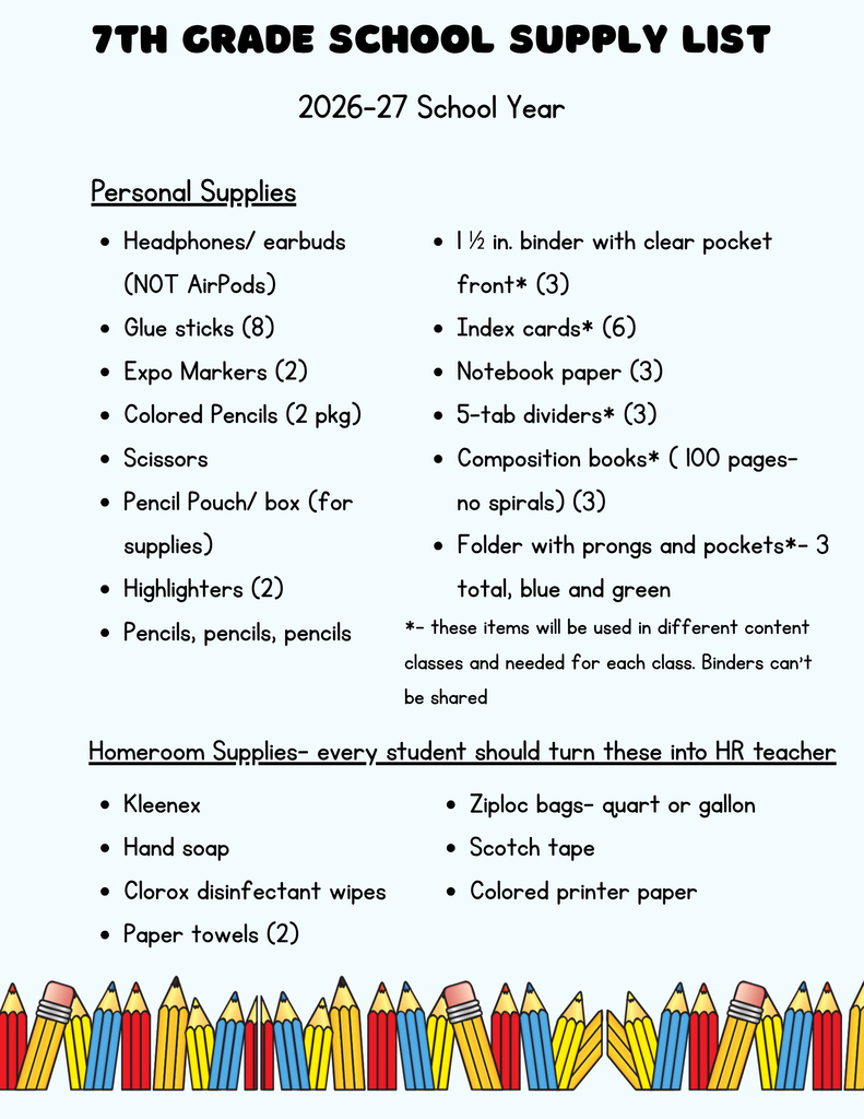 A list of school supplies for 7th grade includes personal and homeroom supplies. The background has colorful pencils.