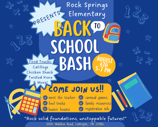A flyer for the "Back to School Bash" features blue background with text and icons like a backpack, books, and a calculator.