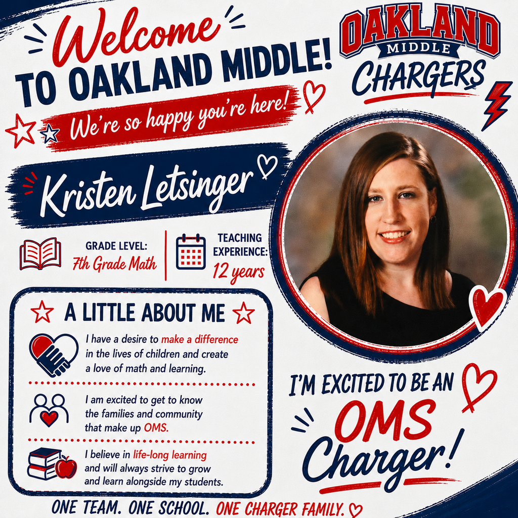 An advertisement for a teacher. Photo of woman with text. Teacher name: Kristen Letsinger. Grade: 7th. Subject: Math.