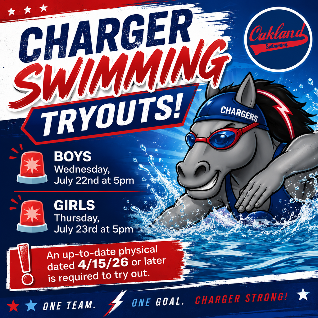 A flyer for Charger Swimming Tryouts featuring a horse swimming with goggles. Times: Boys, July 22nd at 5pm; Girls, July 23rd at 5pm.