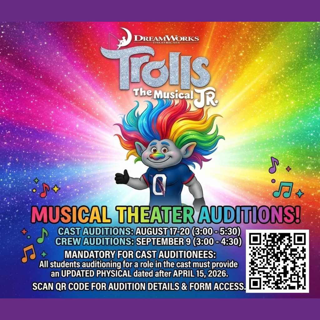 Poster with colorful background featuring "Trolls The Musical JR." text. QR code for audition details.