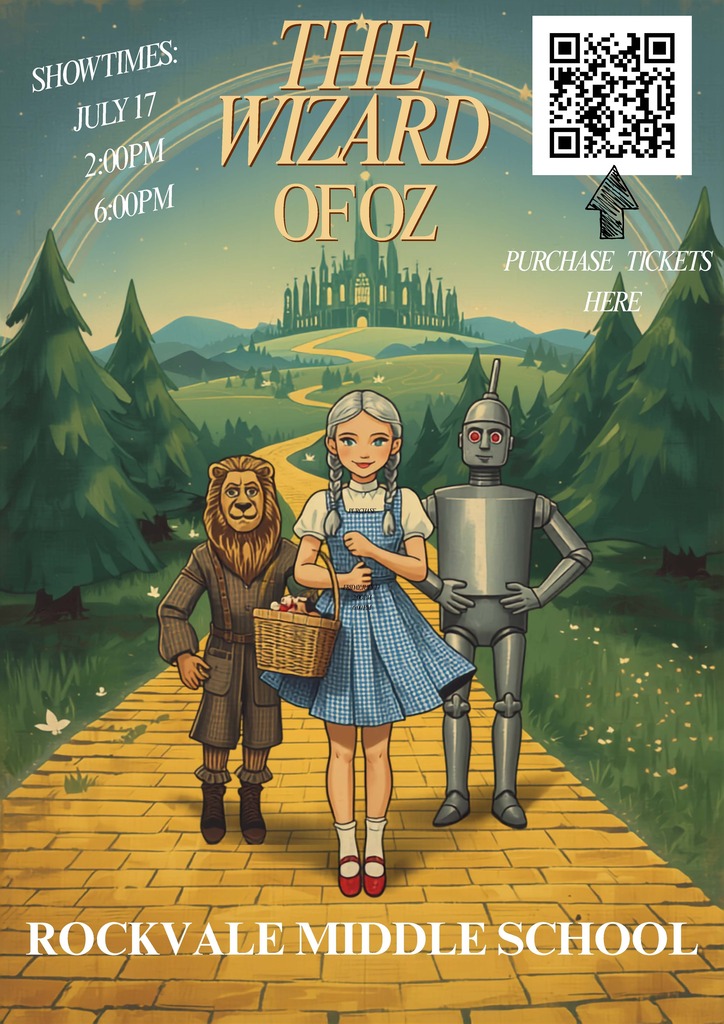 A poster featuring Dorothy, the Cowardly Lion, and the Tinman on a yellow brick road.